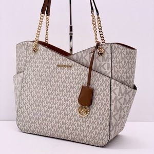 Michael Kors Large X Chain Shoulder Tote Bag Vanilla/Brown